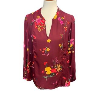 OLD NAVY MAROON BURGUNDY FLORAL V NECK FLOWY LONG SLEEVE POLYESTER BLOUSE